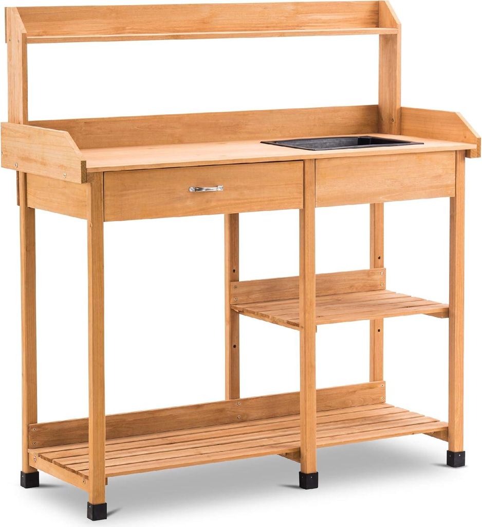 Pflanztisch mit Waschbecken und Schublade - Wetterbeständige Holzstruktur 115 x 45 x 121 cm