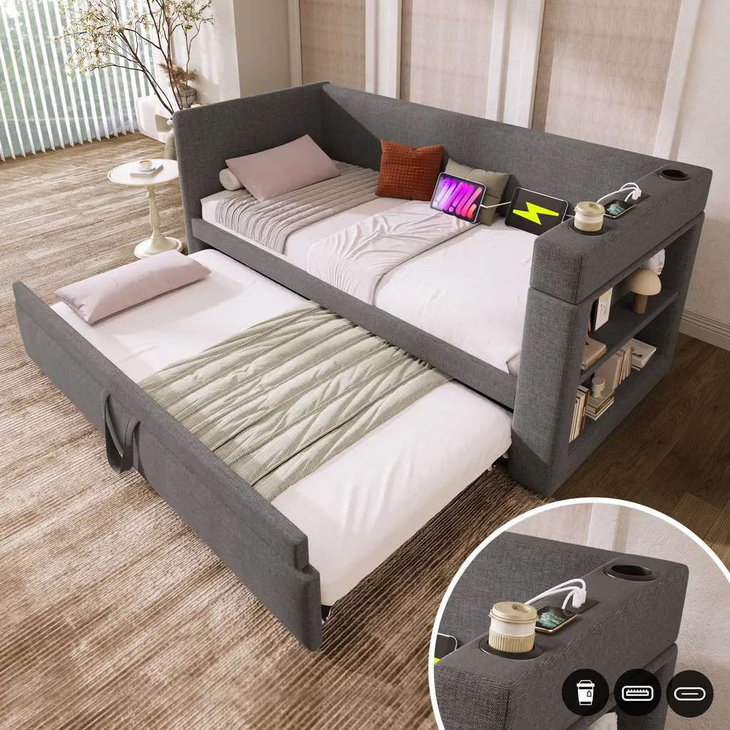 Lit de Jeune 90x190 Gris avec USB et Tiroirs de Rangement Pratiques