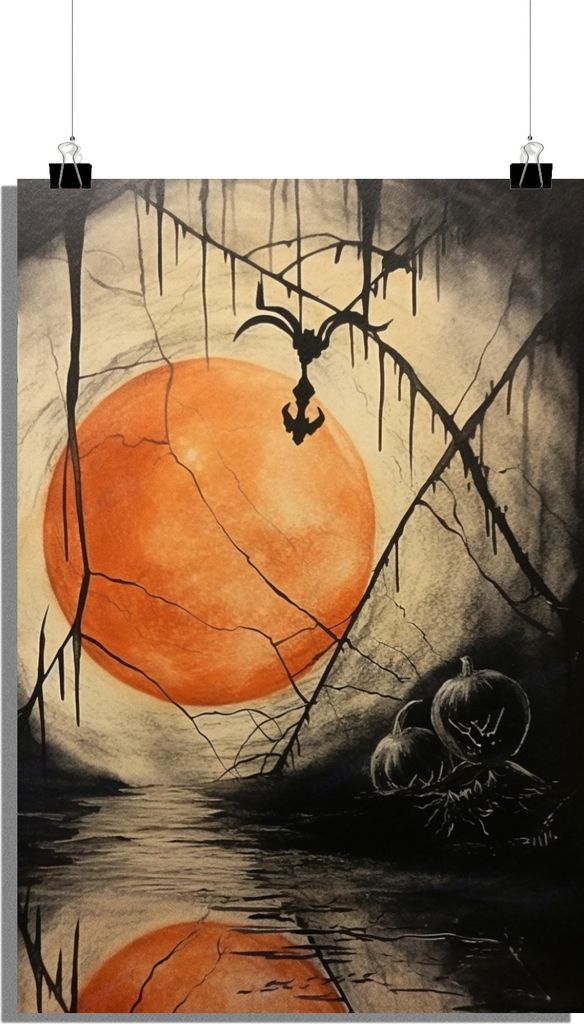 Vollmond Poster - Halloween Poster - Gruseliges Poster - Fluss Poster - Wald Poster - Kürbis Poster - 61x91cm - Perfekt zum Einrahmen