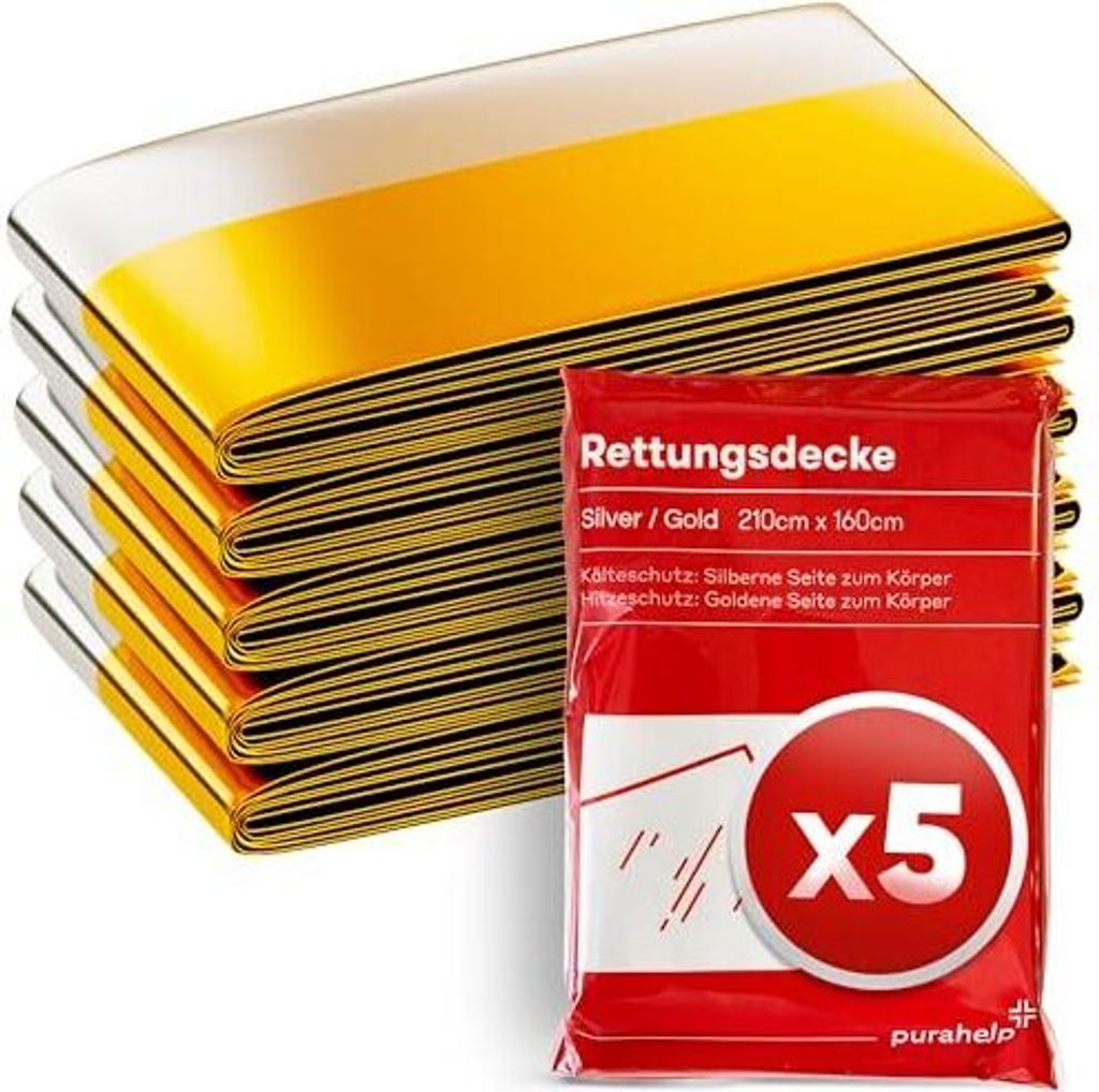 PURAHELP Rettungsdecke Gold Silber (5 Stück) - Wetterfeste Produktbild 