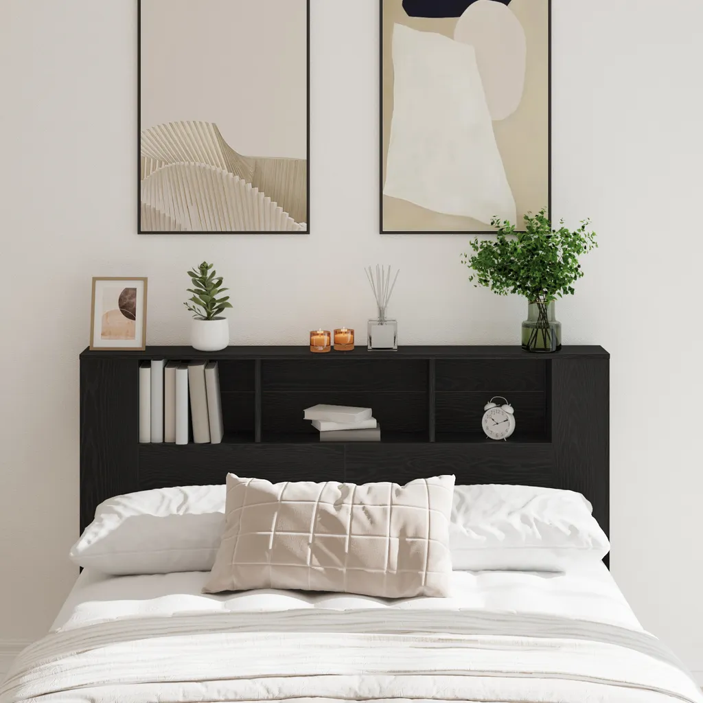 Tête de lit étagère aspect chêne et noir avec niches de rangement