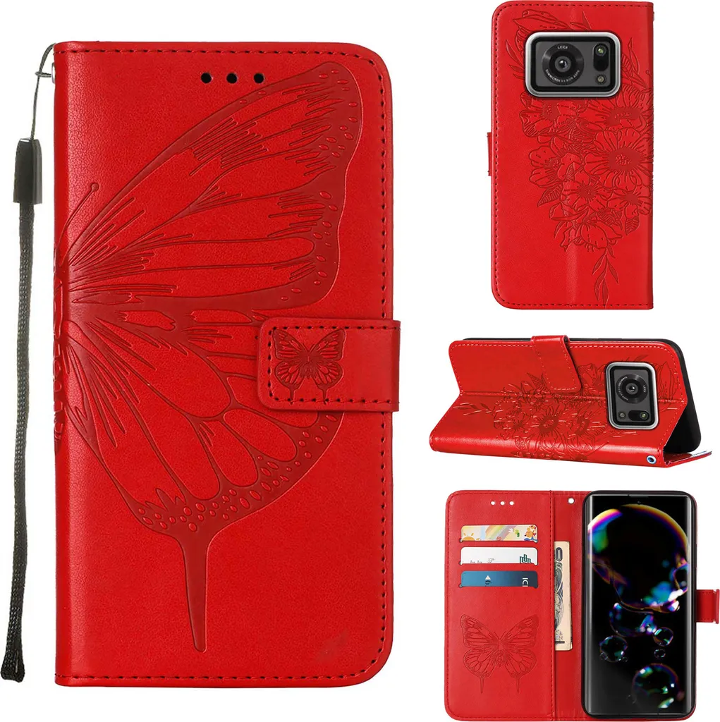 Custodia Sharp Aquos R6, Custodia in pelle a farfalla con tasca per carte e supporto per Sharp Aquos R6 rosso