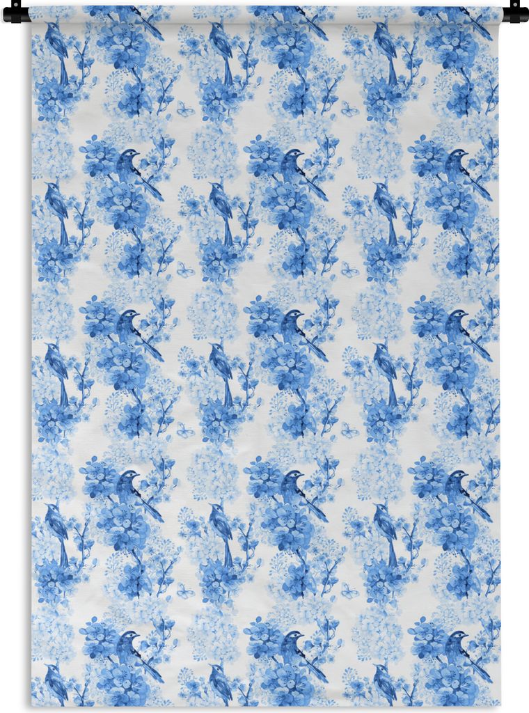 MuchoWow Wandteppich Wandbehang Blumen - Vögel - Blau 120x180 cm Tapisserie Dekoration Wandtuch - Schlafzimmer - Dekorationen für das Haus
