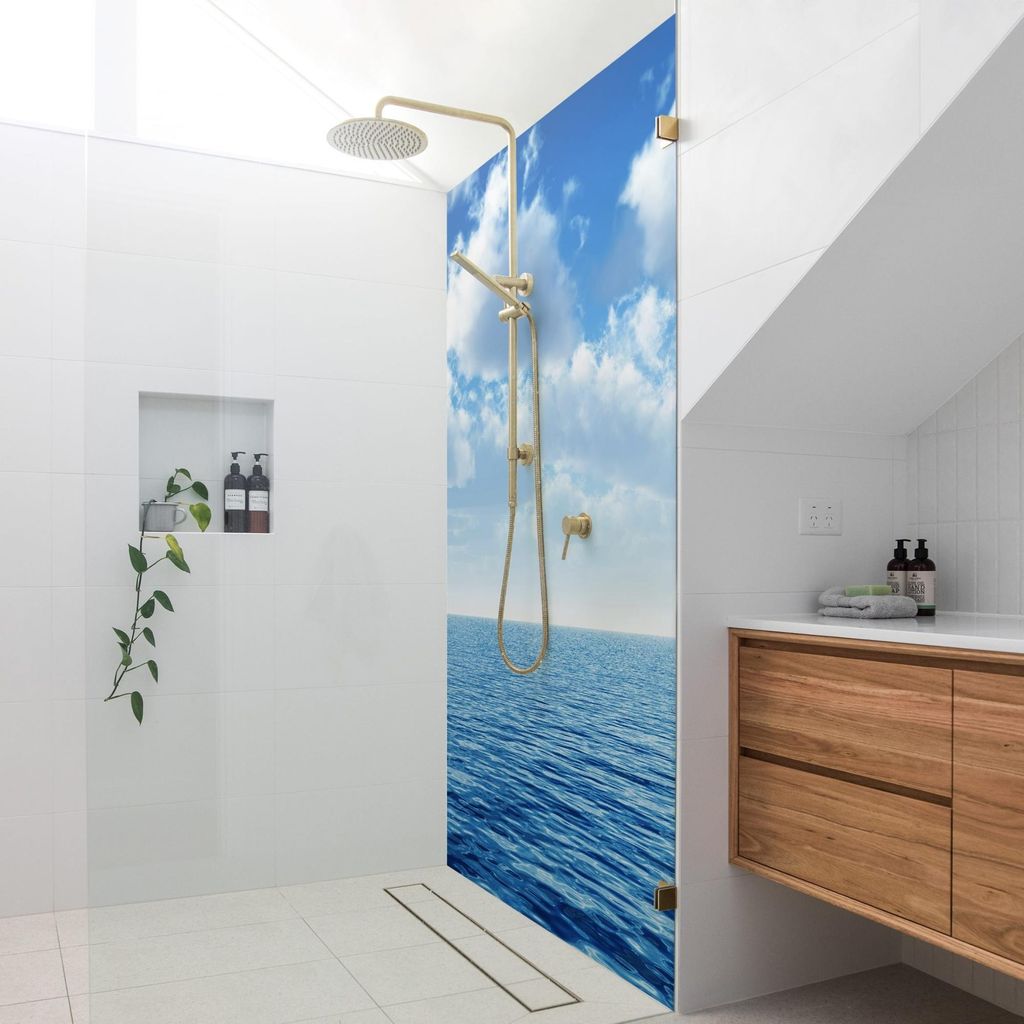 Duschrückwand Strand selbstklebend - 0.35 mm Wandpaneel wasserfest Meerblick blau Maritim Badrückwand fugenlos Smart matt 110x190 cm