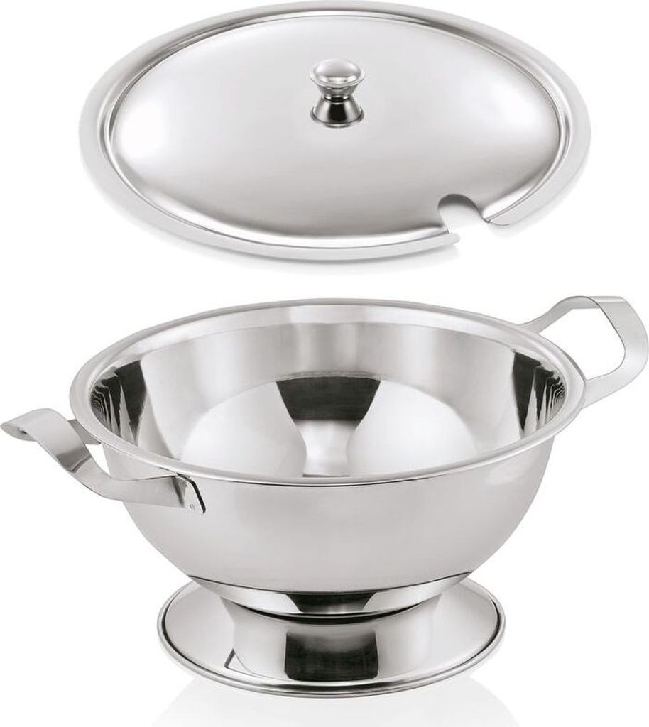 3x Suppenterrine auf Fuß mit 2 Seitengriffen + Deckel, 4,5 L, 29 cm, Chromnickelstahl silber