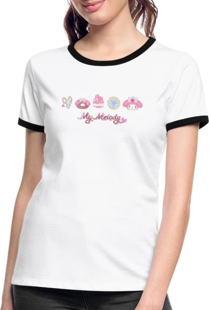Spreadshirt My Melody Mit Flat Und Gebäckstücken Frauen Kontrast T-Shirt, L, Weiß/Schwarz