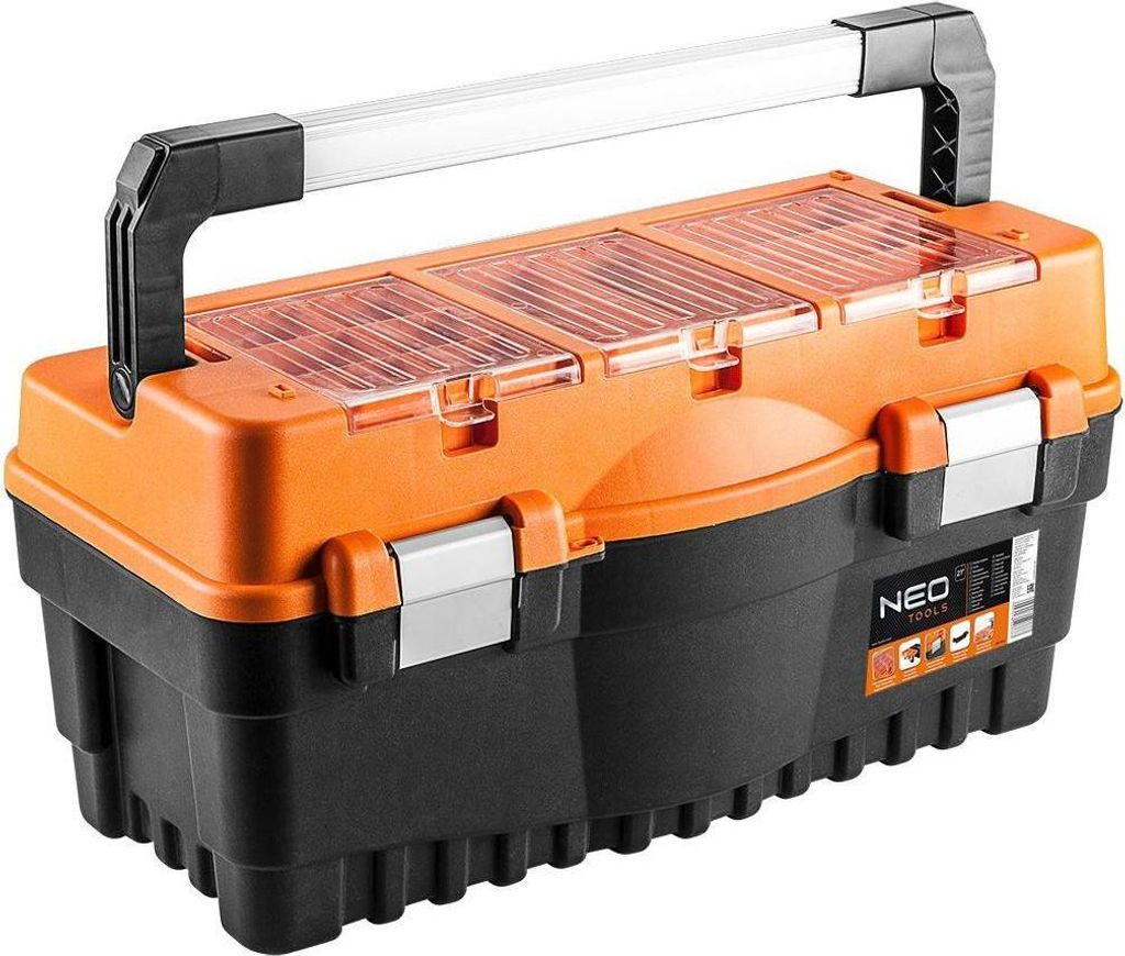 A black and orange toolbox with a silver handle is shown against a white background.