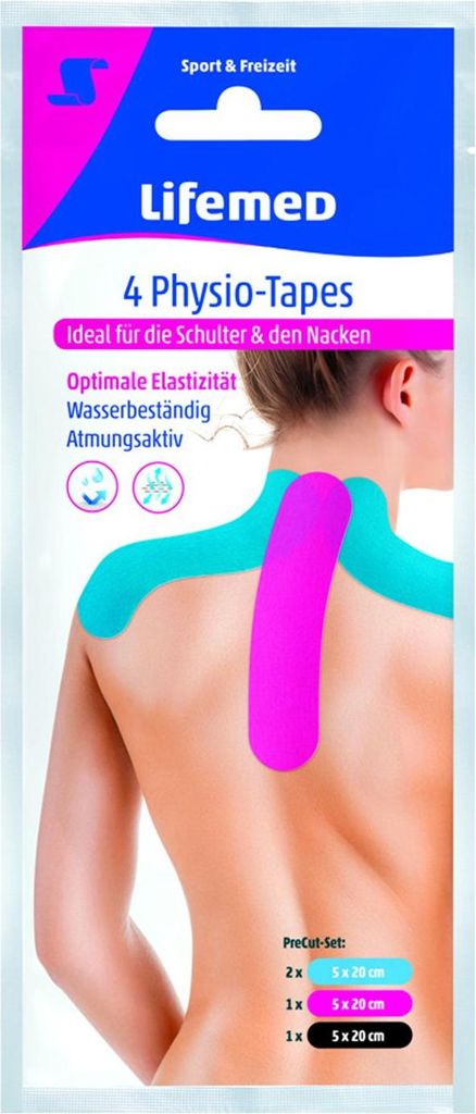 LIFEMED 4er Physio-Tapes für Nacken 20x5cm | Schmerzbehandlung & Muskelentspannung | 24 Packungen im Set | Hohe Elastizität und Atmungsaktivität