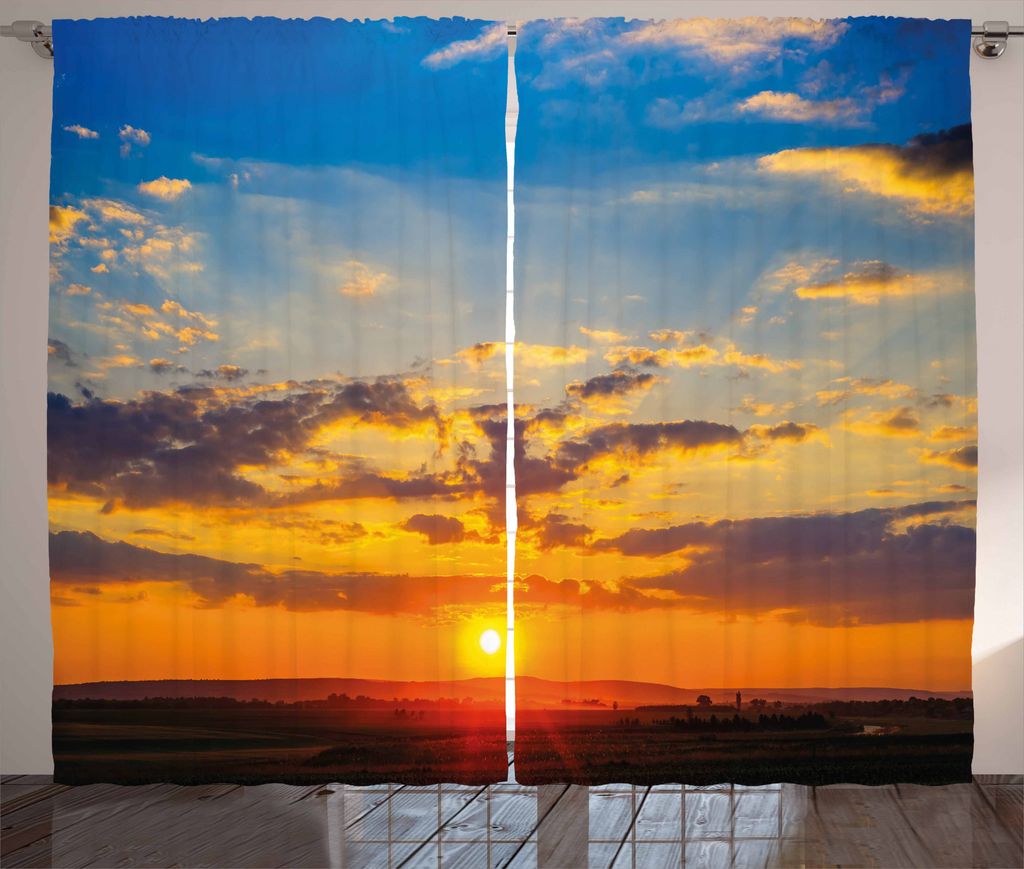 ABAKUHAUS Gelb und Blau Rustikaler Gardine, Dramatischer Sonnenuntergang, Schlafzimmer Kräuselband Vorhang mit Schlaufen und Haken, 280 x 225 cm, ...