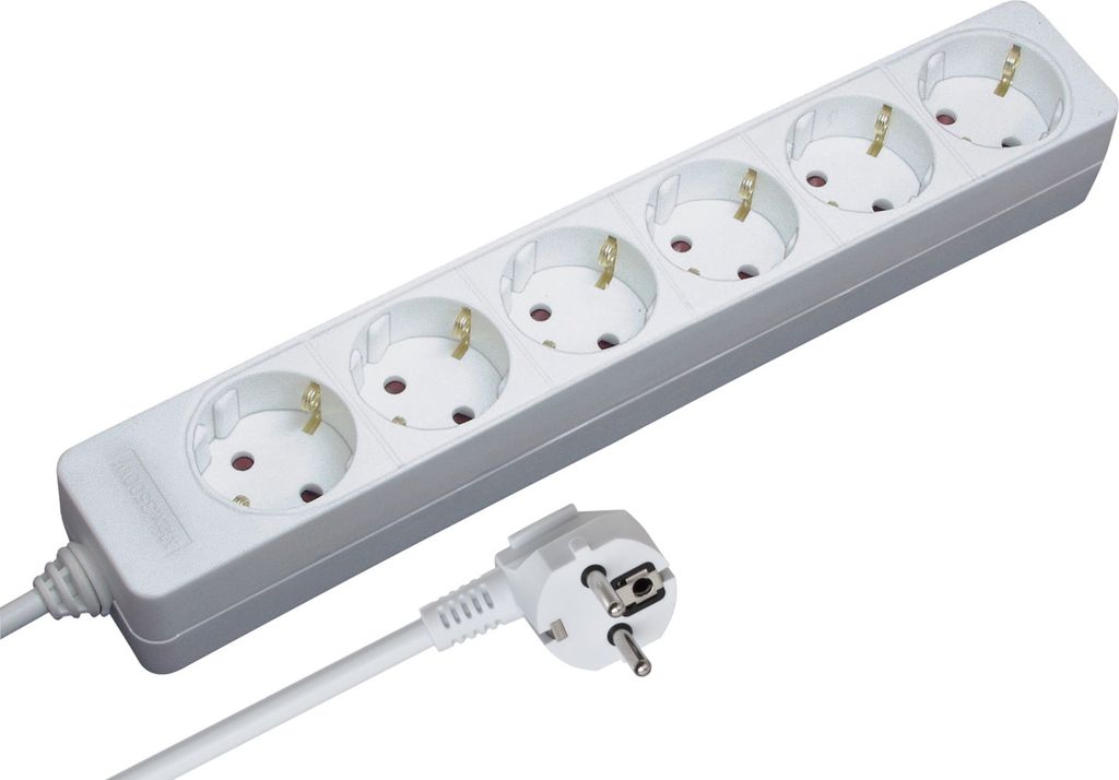 A white power strip with six outlets and a white plug is shown against a white background.