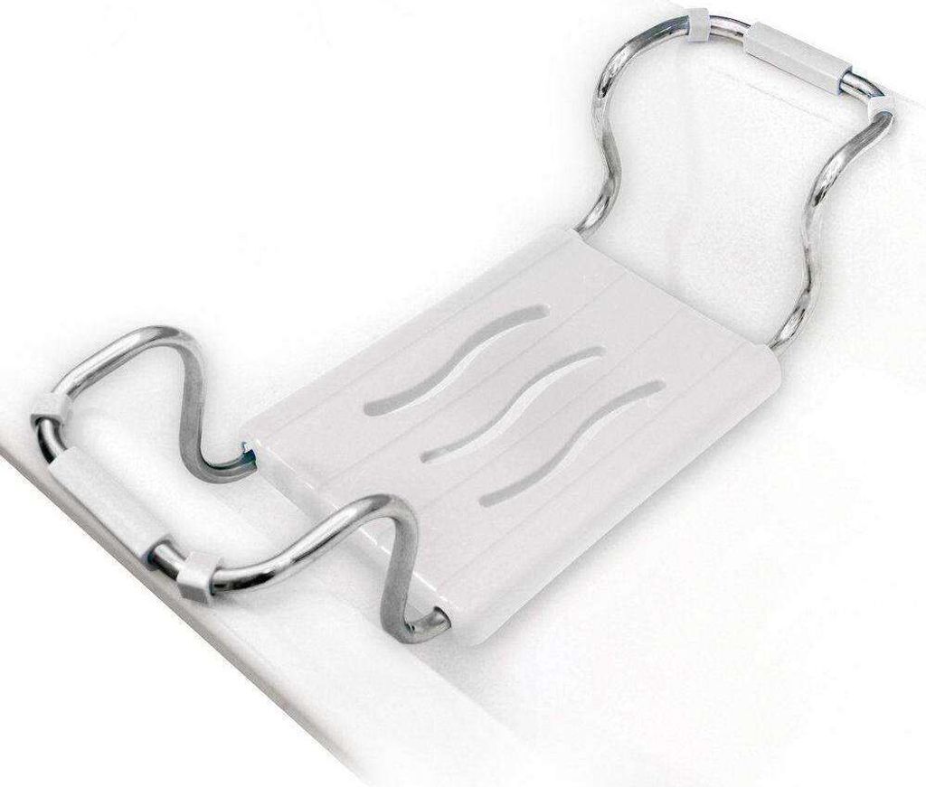 A white bath seat with silver metal supports is placed across a white bathtub.