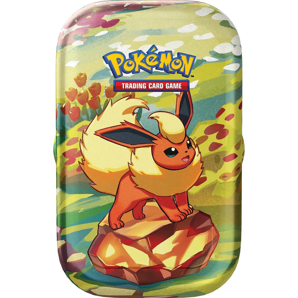 A Pokemon trading card game mini tin box featuring the Pokemon Flareon.