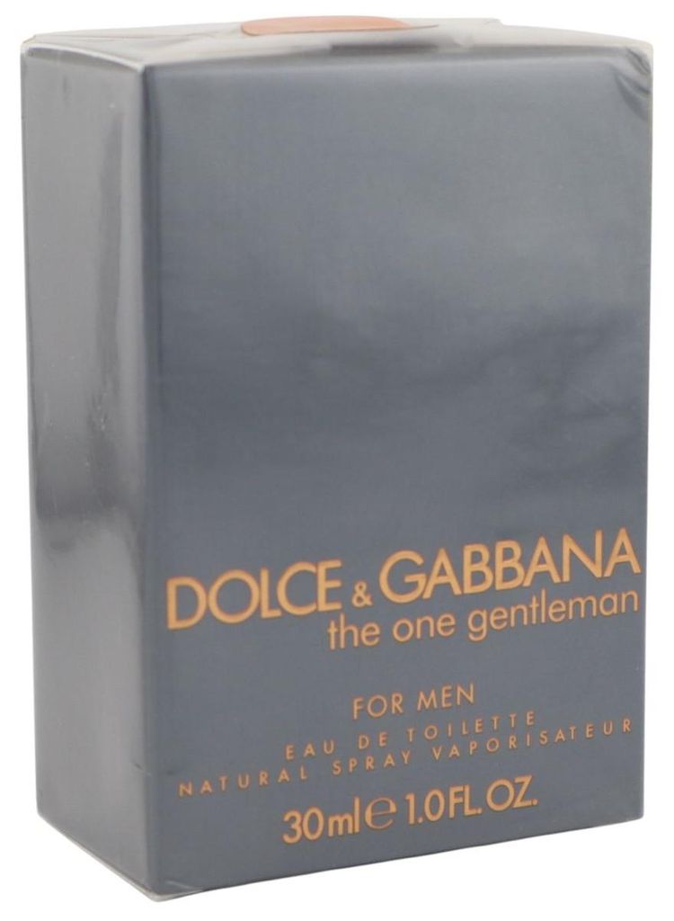 Dunkelgraue Verpackung des Dolce & Gabbana The One Gentleman Eau de Toilette mit goldfarbener Schrift und 30 ml Angabe.