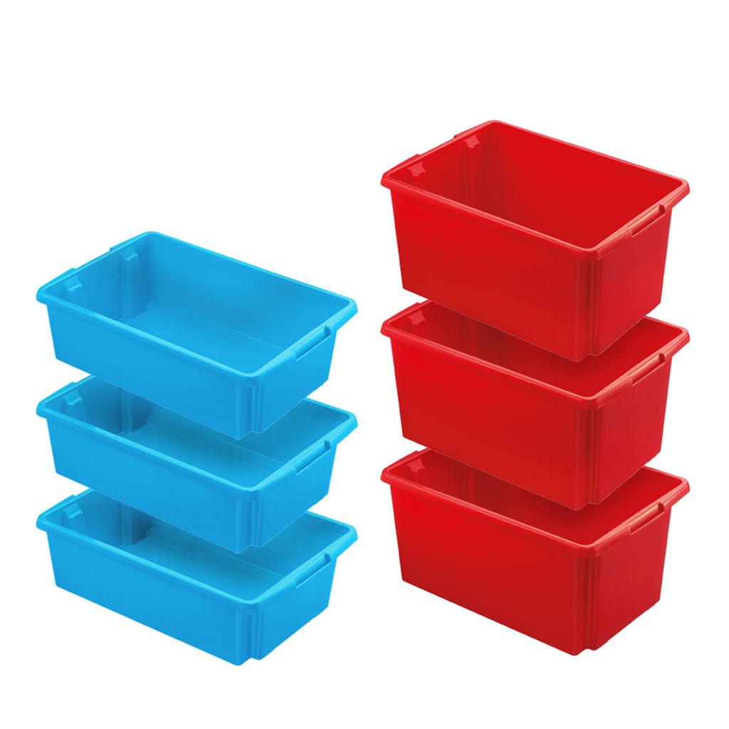 BRB Set, 6X Drehstapelbehälter, lebensmittelecht, Grundmaß 595 x 395 mm, 3X blau - 30 Liter, 3X rot - 51 Liter