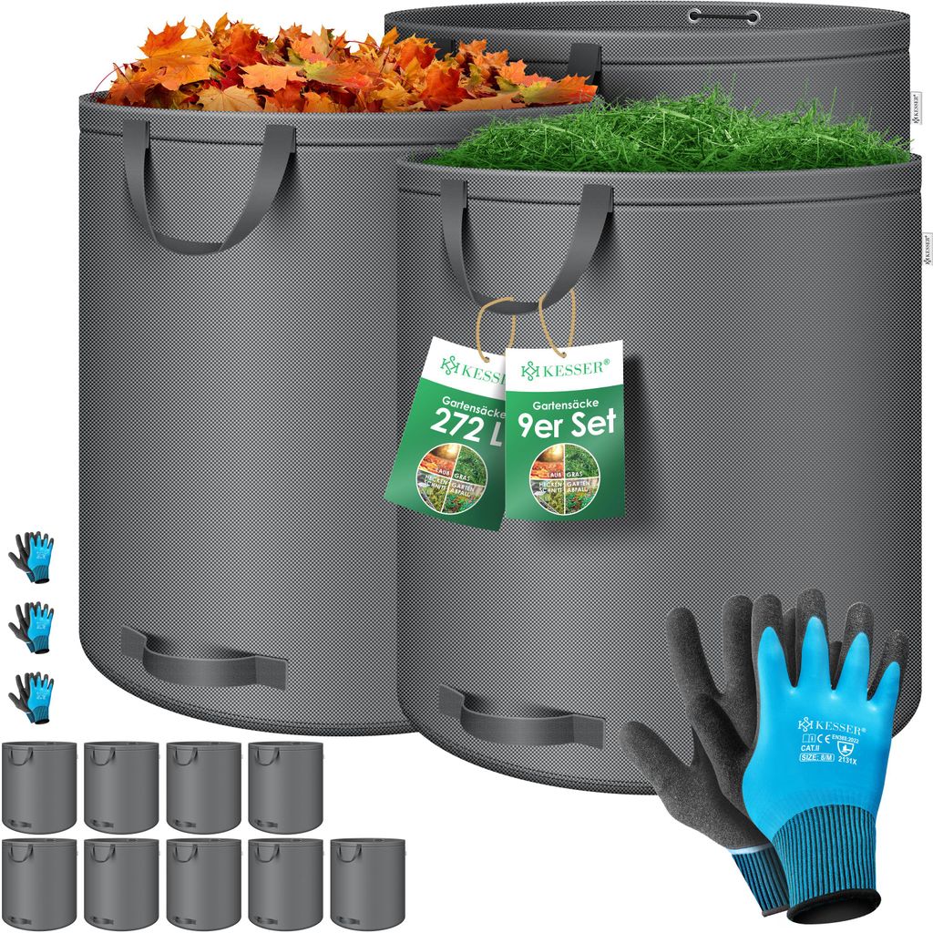 KESSER Gartensack Set Laubsack Gartenabfallsack inkl. Handschuhe - Selbststehend 4 Griffe Stabil Robust & Faltbar - Laubsäcke Rasenschnitt Garte...