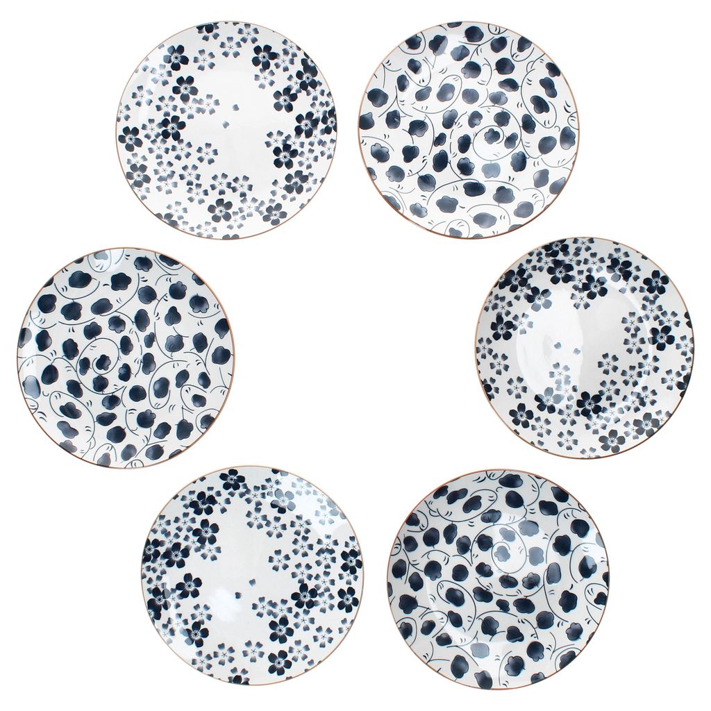 6x Totto Kuchenteller Ø19cm Blau Weiß Steingut Blüten Blatt Dessert
