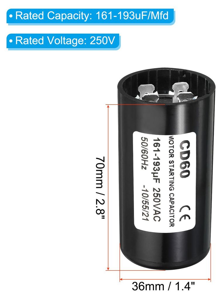 CD60 Betrieb Kondensator, 161-193ŠÌF 250V AC 50/60Hz Start Motorkondensator fš¹r Wechselstrom-Einphasenmotor, Schwarz