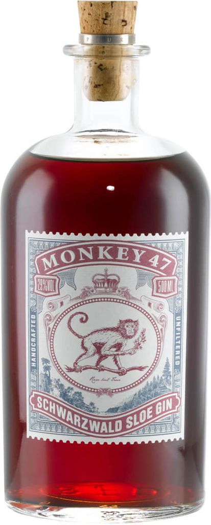 A bottle of Monkey 47 Sloe Gin against a white background.