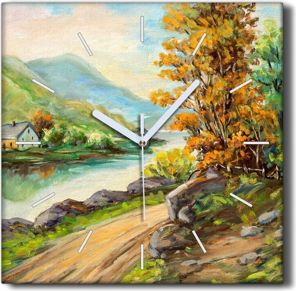 Coloray Hodiny Unikátní 30x30 cm Tiché hodiny Pro obývací pokoj a kuchyň Nástěnné hodiny Plátno Černé ručičky hodin - Vesnice řeky ...