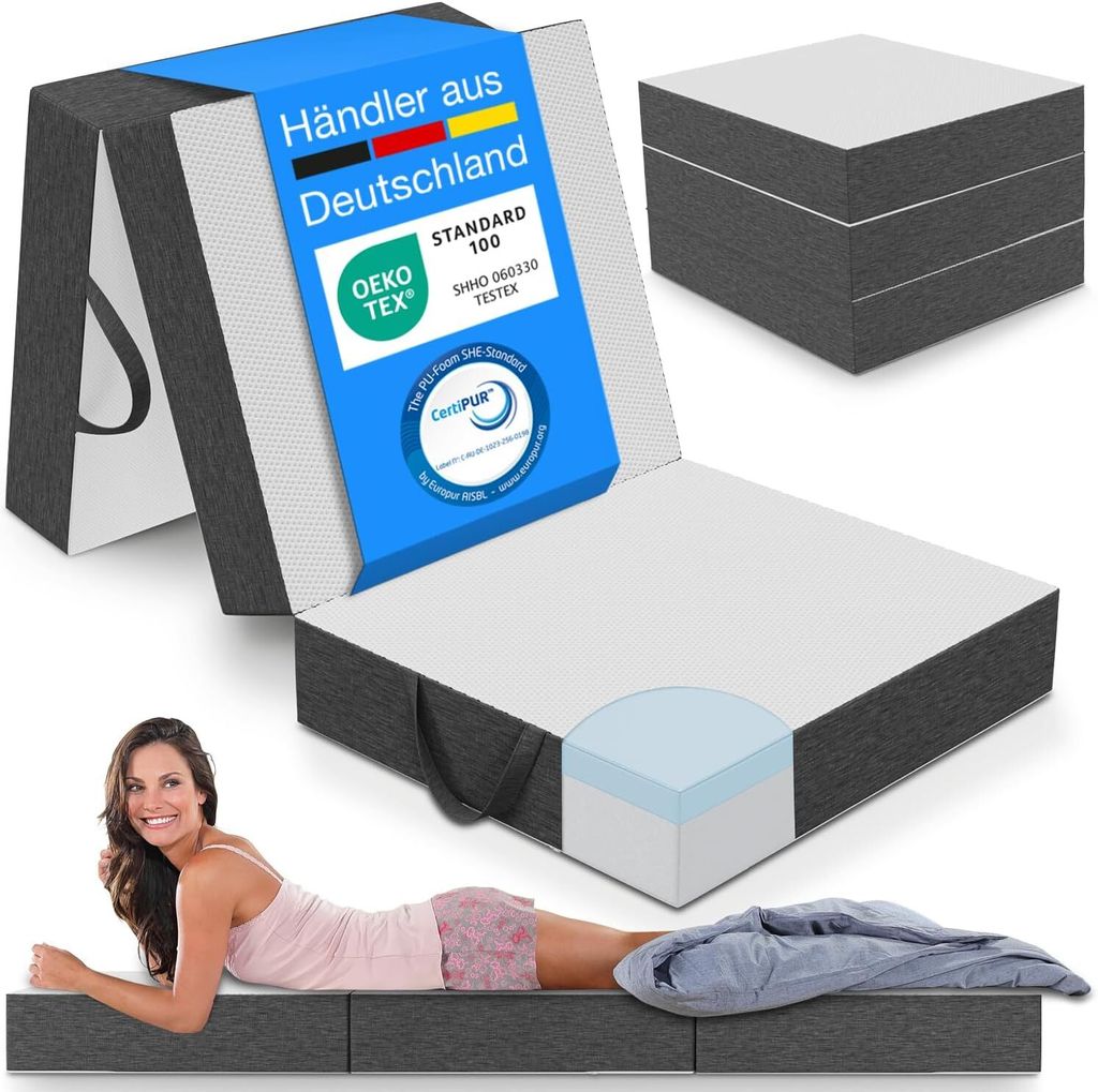 ELONEO Premium Visco Klappmatratze 90x200 cm, extra hoch 15 cm, Gästematratze klappbar, Faltmatratze, faltbare Matratze, Bandscheibenwürfel, Reis...