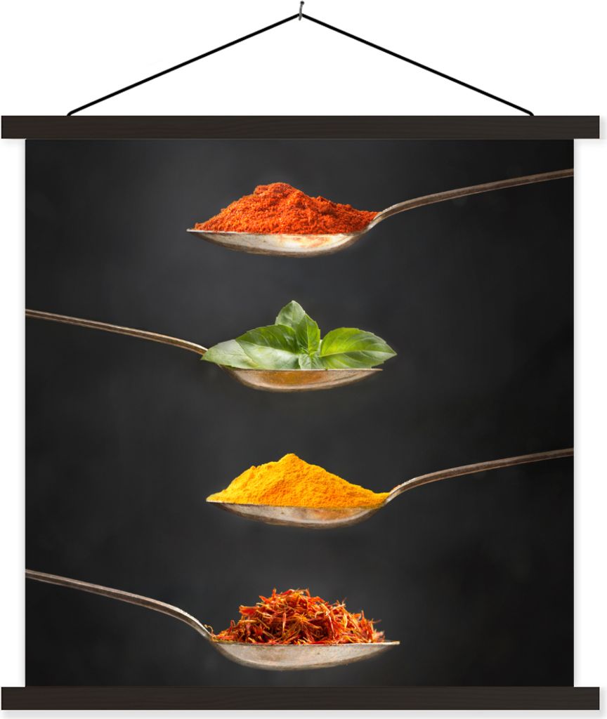 MuchoWow Textilposter Kräuter - Löffel - Gewürze - Schwarz - Italienisch 60x60 cm mit schwarzem Rahmen - Posteraufhänger