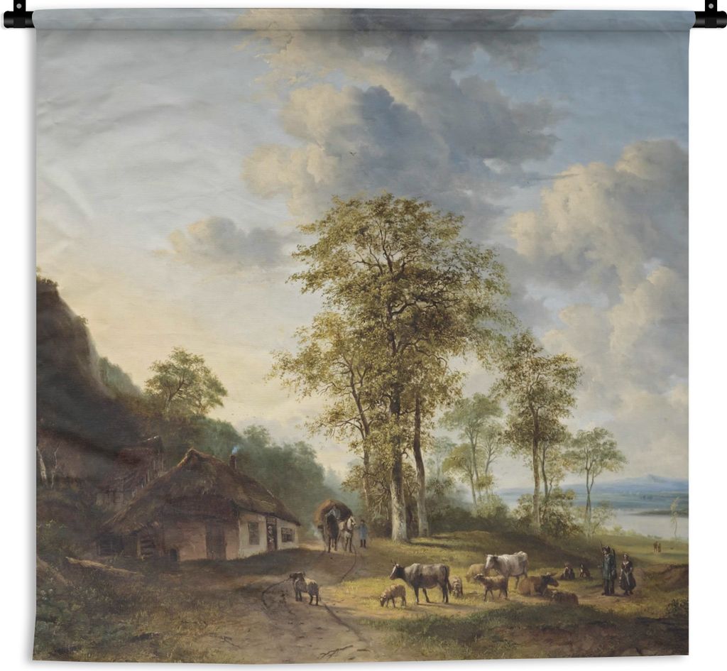 MuchoWow Wandteppich Wandbehang Flusslandschaft mit Bauern und Vieh - Gemälde von G.J.J Van Os 90x90 cm Tapisserie Dekoration Wandtuch - Wandauf...
