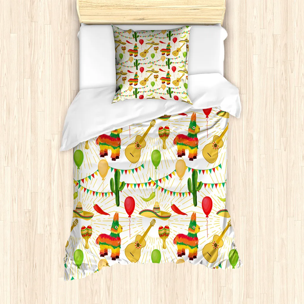 ABAKUHAUS Set copripiumino Cinco de Mayo per letti singoli, elementi folk messicani, antiacaro, adatto a chi soffre di allergie, con federa, 135 cm x 200 cm - 80 x 80 cm, multicolore
