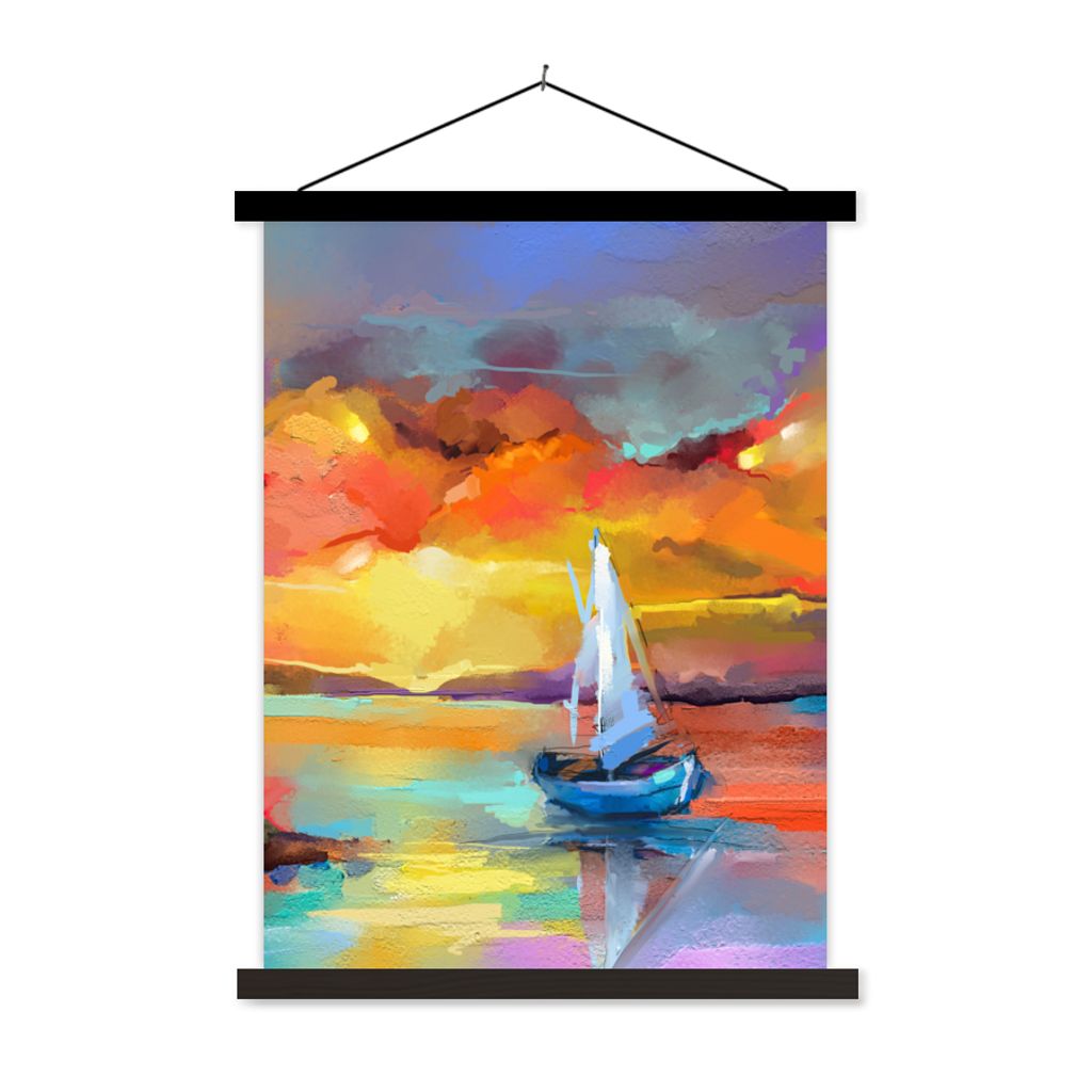 MuchoWow Textilposter Malerei - Ölfarbe - Boot - Farben 60x80 cm mit schwarzem Rahmen - Plakathalter