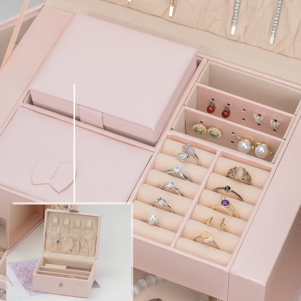 Boîte à Bijoux Verrouillable 5 Niveaux : Volume XL et Doublure Douce Rose - 4