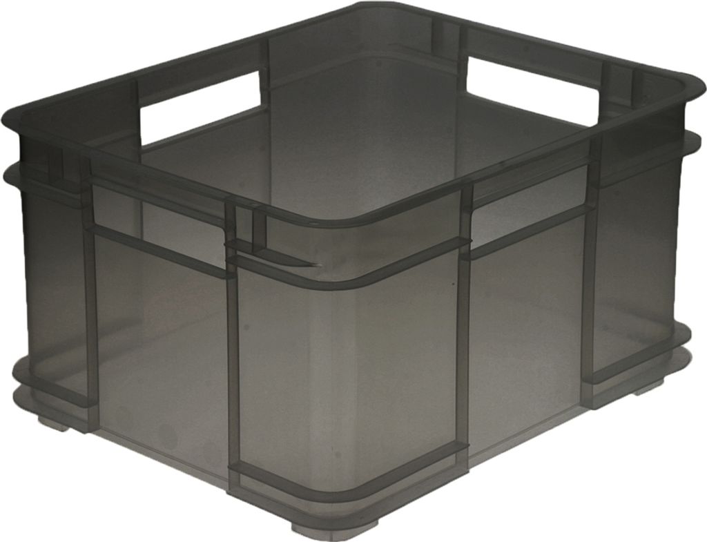 A gray plastic storage box is shown from a slightly elevated angle against a white background.