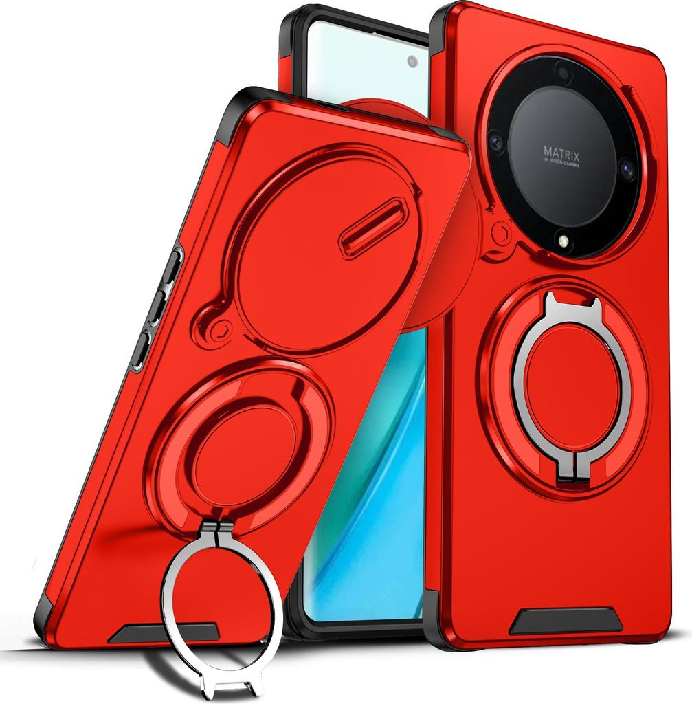 Handyhülle für Honor X9A / Magic5 Lite Dual-Layer Stoßfest Militär Hülle mit Dia Kameraschutz und Magnetisch Ring Ständer Rot