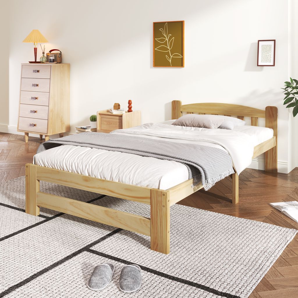 Massivholzbett, 90x200 cm, Einzelbett mit Lattenrost und Kopfteil, Holzbett aus Kiefer, Jugendbett