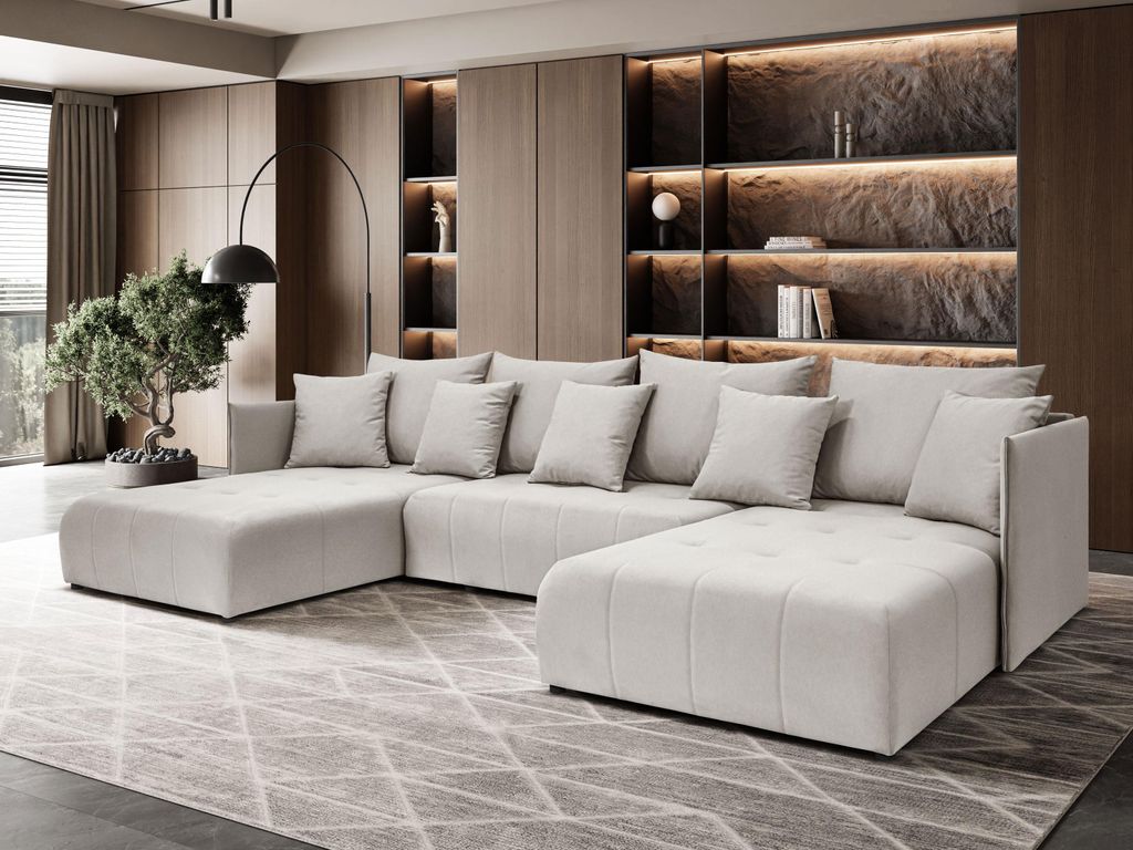 Margaret Hadas24 Ecksofa U Form Hanna 348 x 188 cm mit Schlaffunktion Bettkasten, Couch, 5 Sitzer Bettzeugablage Big Sofa Eckcouch, Schlafsofa beige