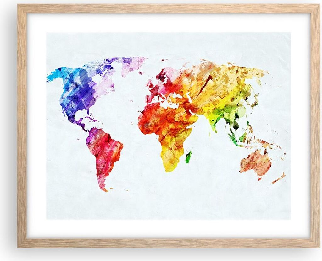 Gerahmtes Poster - Rahmen in heller Eiche - Welt Karte Bunt Kontinente - 50x40 cm - Wand Bild - Wanddeko - Wandbilder - Wandposter - Bilderrahmen -...