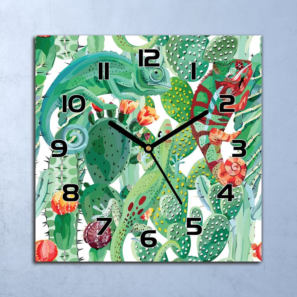 Wanduhr Echt-Glas-Küchenuhr Exotische Chamäleons Quarz 30x30 Deko Bilder