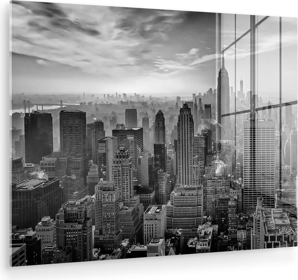 MuchoWow Glasbilder - Bilder auf Wandbild - Foto auf Glas Architektur - Schwarz und weiß - Stadt - Skyline - New York 40x30 cm Wanddekoration aus ...