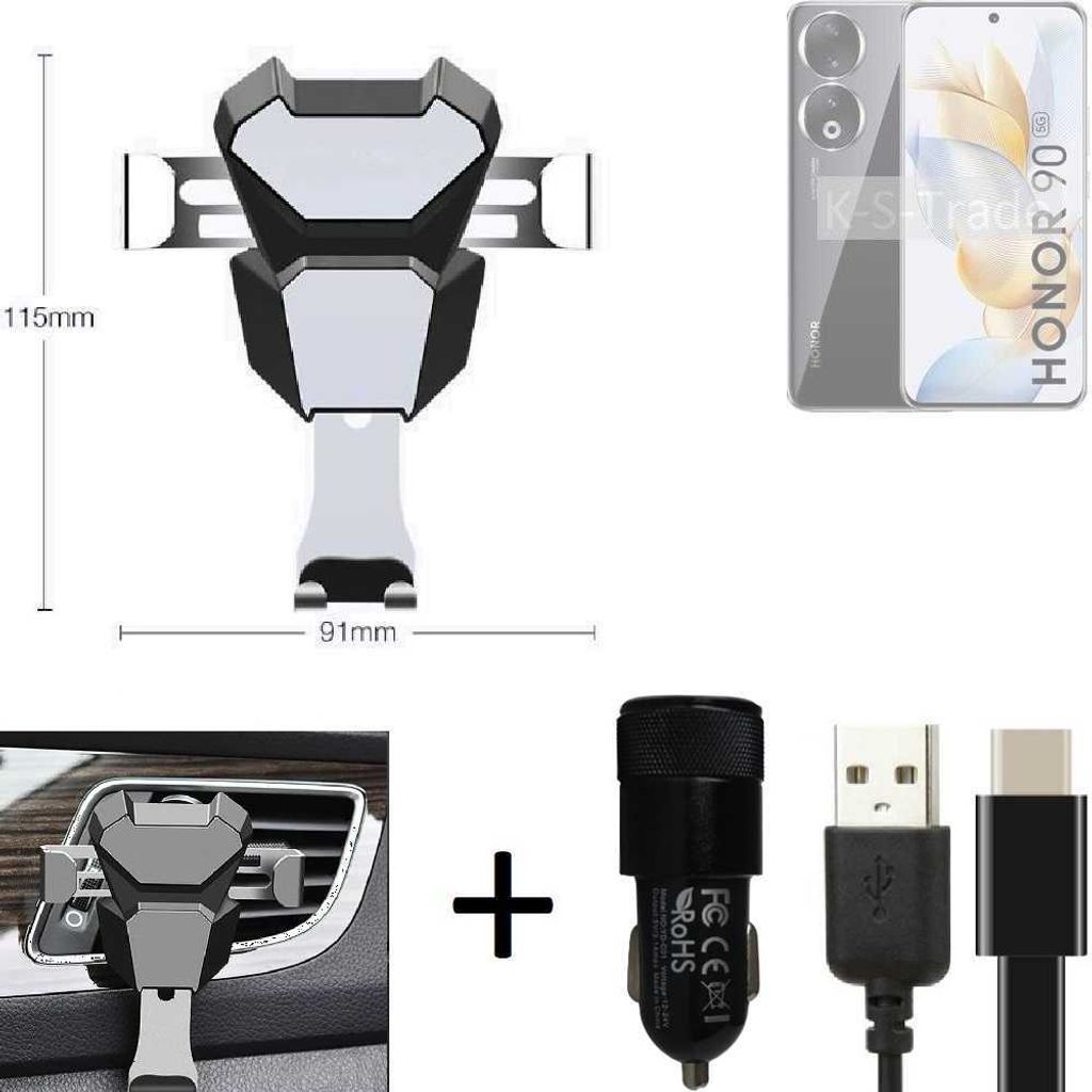 K-S-Trade Lüftungsschlitz Halterung kompatibel mit Honor 90 Lüftungshalterung Lüftungsgitter schwarz-silber Auto-Halterung Smartphone Halter