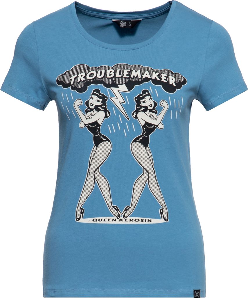 QUEEN KEROSIN T-Shirt Mit Print Im 50S Style Troublemaker Blau Xl