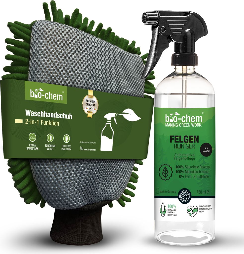 bio-chem Felgenreiniger 750 ml inkl. 2-in-1 Mikrofaser-Handschuh- Extrem stark gegen Schmutz, sanft zu Allen Felgen: Stahl- und Alufelgen, Chrom po...