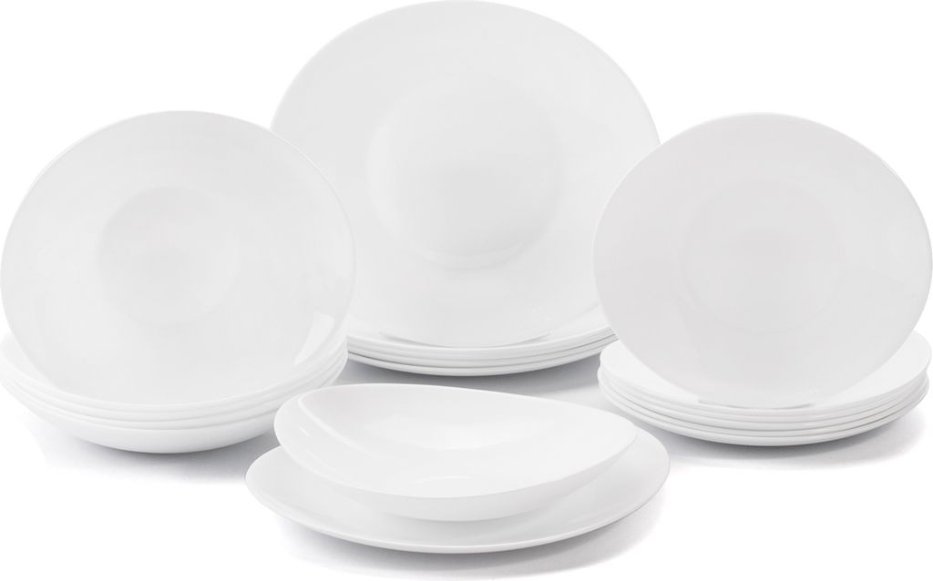 A collection of white ceramic plates and bowls are arranged on a white background.