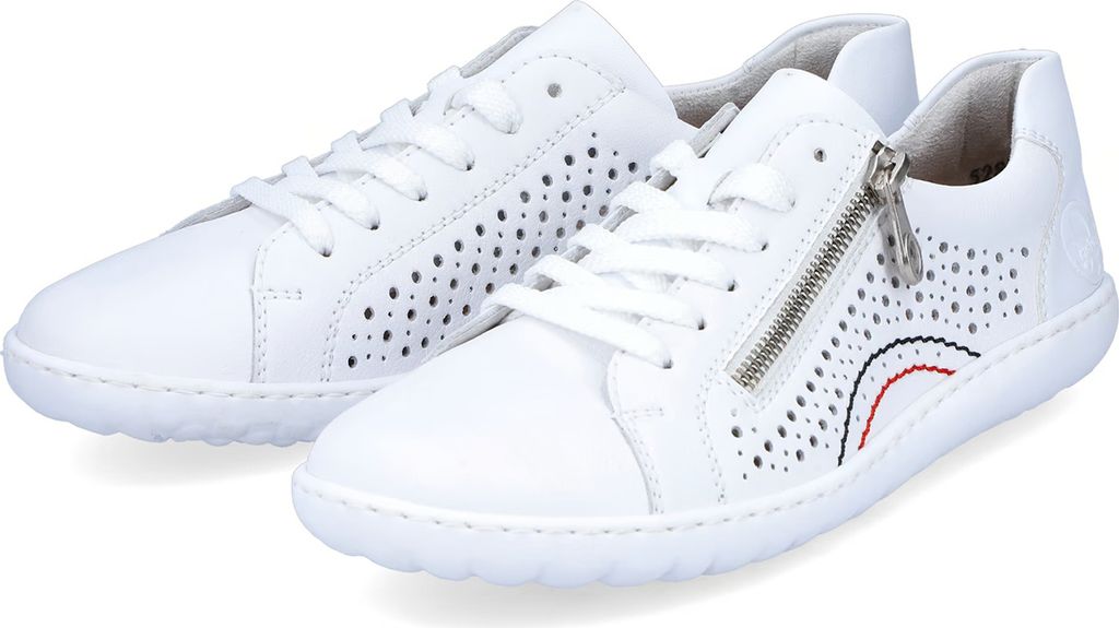 A pair of white leather sneakers with perforated details and a side zipper.