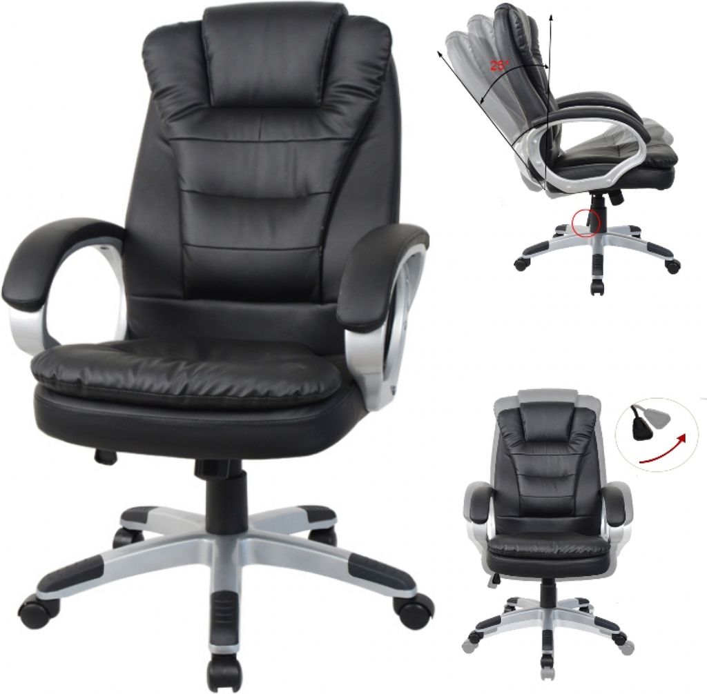 A collage of images showing a black office chair from different angles and demonstrating its features.