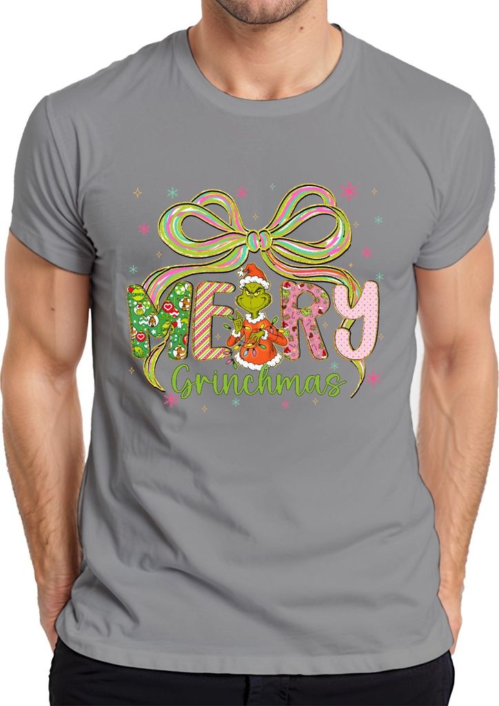 Merry Grinchmas Grinch Weihnachten lustig Geschenk Schleife bunt Herren T-Shirt, Grau, XL