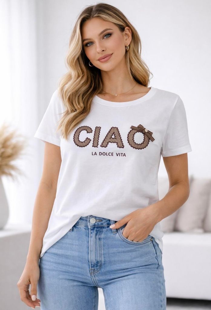 Damen T-Shirt Ciao - Weiss, S/M Farbe: Weiss Größe: S/M