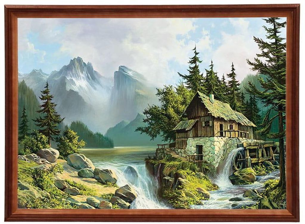 Reproduktion eines Gemäldes in einem Holzrahmen, 50x70 cm - Mühle am See, Wojciech Król