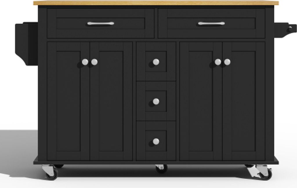 Kuecheninsel 140x65x89cm Schwarz Kuechenwagen 5 Schubladen Schrank Gewuerzhalter Ausziehschrank Vitrinenschrank Aufbewahrungsschrank Kuechenschrank
