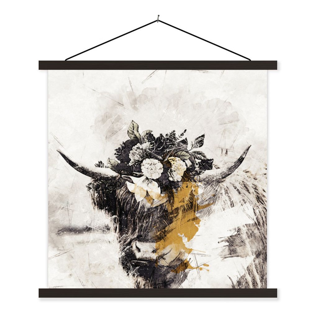 MuchoWow Textilposter Schottischer Highlander - Blumen 40x40 cm mit schwarzem Rahmen - Fotos