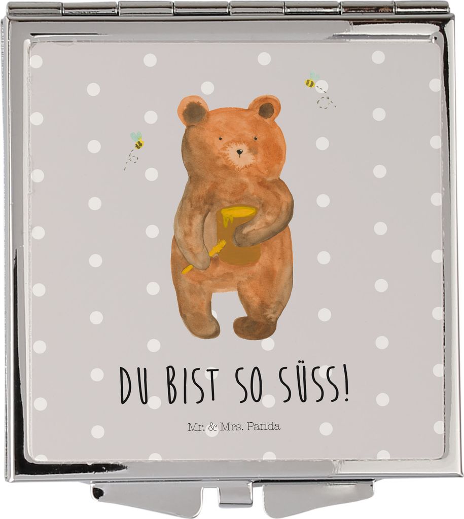 Mr. & Mrs. Panda Kosmetikspiegel Bär Honig - Grau Pastell - Geschenk, Verliebte, Kleiner Spiegel, Partner, Schminkspiegel, Handspiegel, Frauen, Kl...
