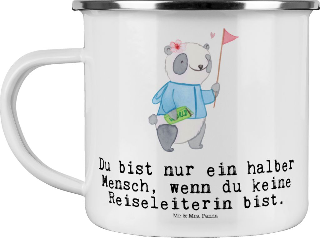 Mr. & Mrs. Panda Emaille Tasse Reiseleiterin Herz - Weiß - Geschenk, Pott, Campingbecher, Kaffeepott, Becher, Teetasse