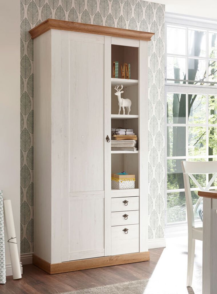 Landhaus Wohnzimmer Schrank 102cm pinie weiß / wotan eiche Stauraumschrank